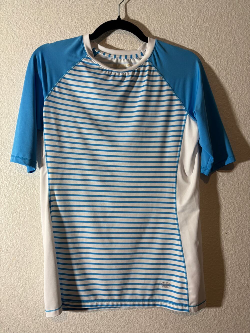 Reel Legends Women's Size S Keep-it-cool Blue White Striped Moisture Wicking Tee